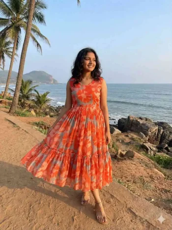 NEW ARRIVAL CHANDERI FLORAL PRINTED WORK ONE PIECE  ORANGE