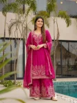 NEW ARRIVAL CHINON SILK EMBROIDERY SEQUENCE CODING ZARI WORK TOP PALAZZO WITH DUPATTA PINK
