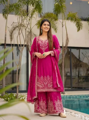NEW ARRIVAL CHINON SILK EMBROIDERY SEQUENCE CODING ZARI WORK TOP PALAZZO WITH DUPATTA PINK