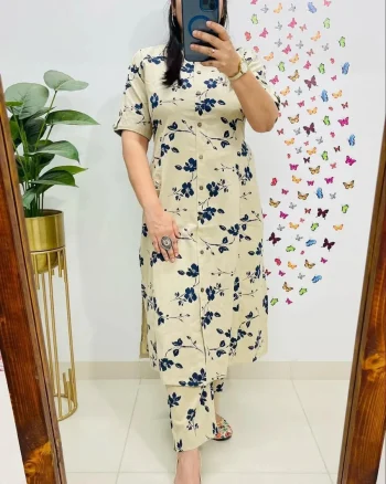 NEW ARRIVAL COTTON BLEND PRINTED WORK TOP BOTTOM SET CREAM AND BLUE