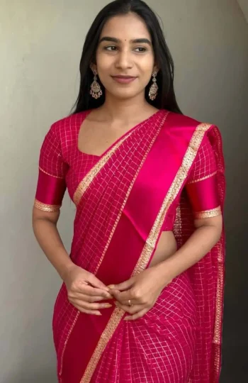 NEW ARRIVAL GEORGETTE CHECKS WEAVING AND STUNNING SATIN PATTA BORDER WORK SAREE WITH UNSTITCHED BLOUSE RANI