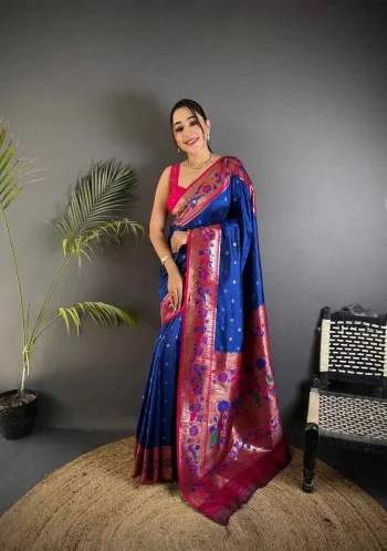 NEW ARRIVAL PAITHANI SILK ZARI WEAVING WORK SAREE WITH UNSTITCHED BLOUSE BLUE