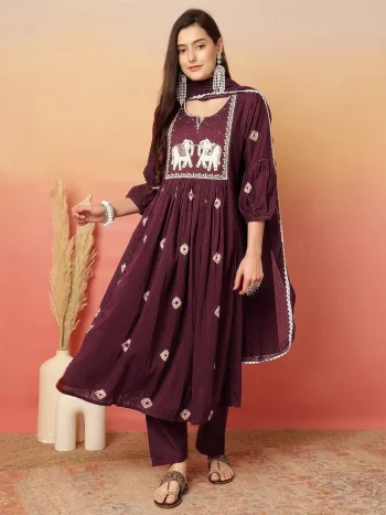 NEW ARRIVAL RAYON EMBROIDERY WITH FOIL WORK TOP BOTTOM WITH DUPATTA WINE