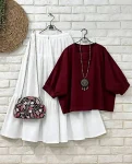 NEW ARRIVAL RAYON PLAIN TOP WITH LAYER SKIRT MAROON AND WHITE