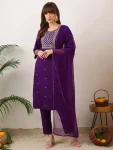 NEW ARRIVAL SLUB COTTON EMBROIDERY WORK TOP BOTTOM WITH DUPATTA PURPLE