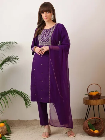 NEW ARRIVAL SLUB COTTON EMBROIDERY WORK TOP BOTTOM WITH DUPATTA PURPLE