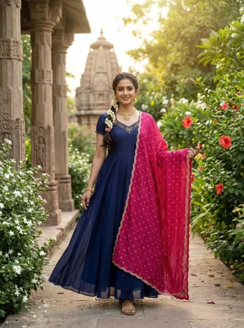 NEW ARRIVAL VICHITRA SILK MAGGAM HAND WORK GOWN WITH DUPATTA NAVY BLUE