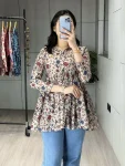 RICH LOOK CAMBRIC COTTON TRADITIONAL FLORAL PRINTED WORK ONLY TOP CREAM