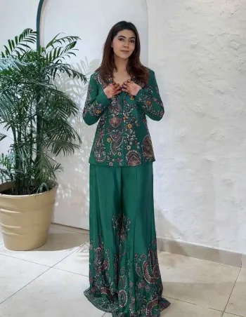 RICH LOOK CHINON SEQUENCE EMBROIDERY WORK BLOUSE KOTI WITH PALAZZO GREEN