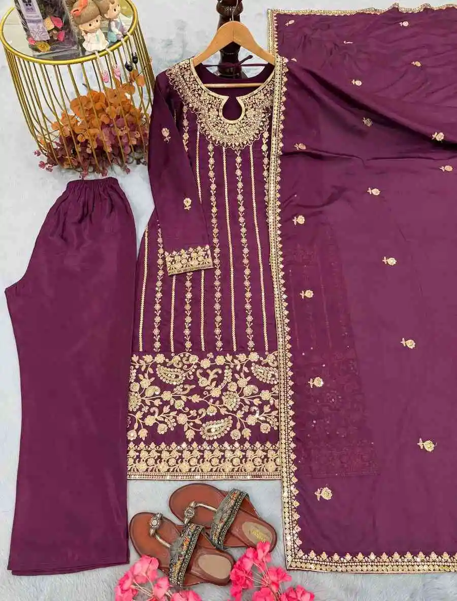 1RICH LOOK CHINON SILK EMBROIDERY SEQUENCE WORK WITH RIVET MOTI WORK TOP BOTTOM WITH DUPATTA FESTIVE WEAR WHOLESALE PRICE ETHNIC GARMENT (19)
