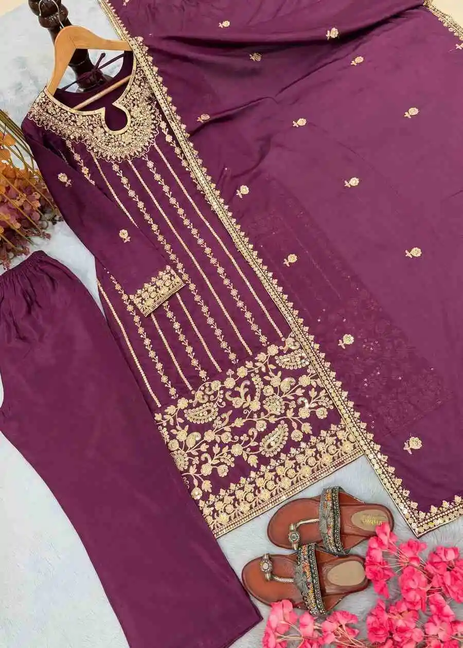 1RICH LOOK CHINON SILK EMBROIDERY SEQUENCE WORK WITH RIVET MOTI WORK TOP BOTTOM WITH DUPATTA FESTIVE WEAR WHOLESALE PRICE ETHNIC GARMENT (20)