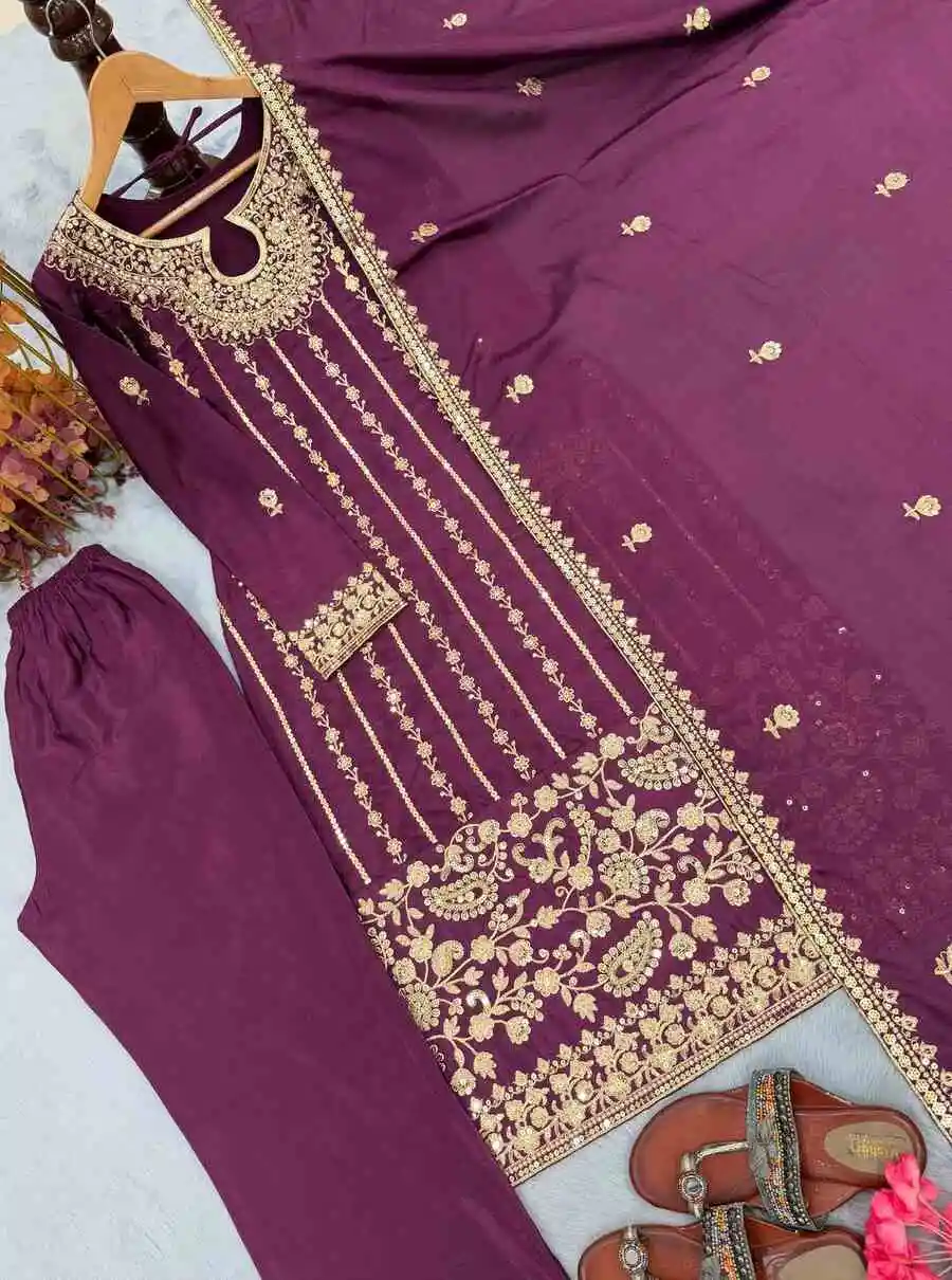 1RICH LOOK CHINON SILK EMBROIDERY SEQUENCE WORK WITH RIVET MOTI WORK TOP BOTTOM WITH DUPATTA FESTIVE WEAR WHOLESALE PRICE ETHNIC GARMENT (22)