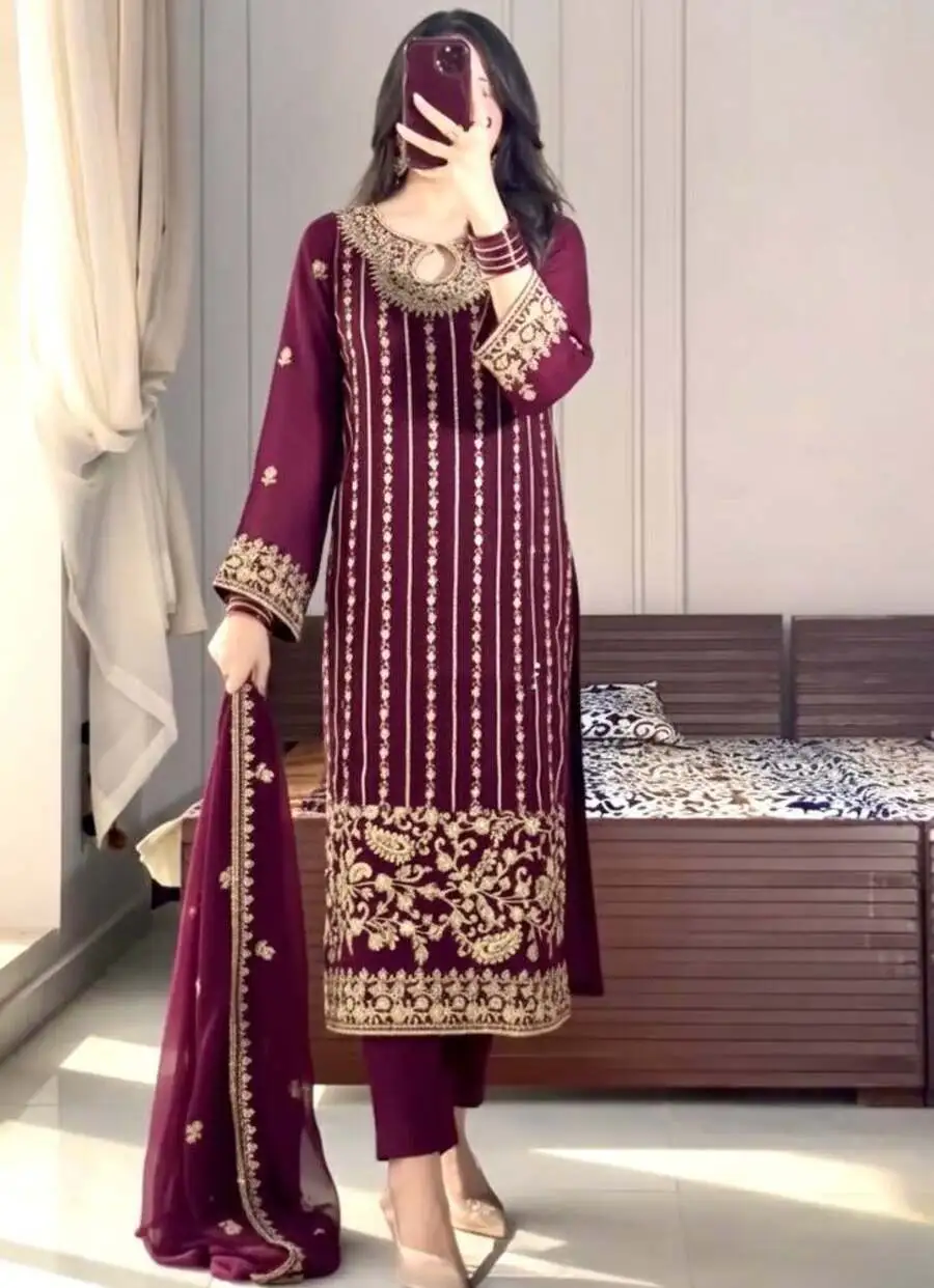 1RICH LOOK CHINON SILK EMBROIDERY SEQUENCE WORK WITH RIVET MOTI WORK TOP BOTTOM WITH DUPATTA FESTIVE WEAR WHOLESALE PRICE ETHNIC GARMENT (23)