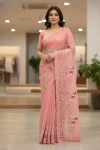 RICH LOOK CRUNCHY SILK CONTRAST PALLU EMBROIDERY AND CUT WORK BORDER WORK SAREE WITH UNSTITCHED BLOUSE PEACH