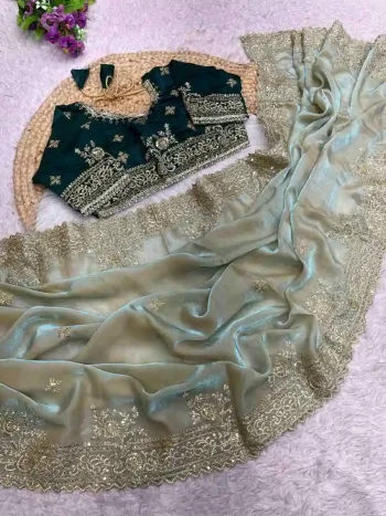 RICH LOOK FENDY SATIN EMBROIDERY 3 MM SEQUENCE WORK HEAVY BORDER WITH BUTTI WORK SAREE WITH STITCHED BLOUSE GREEN