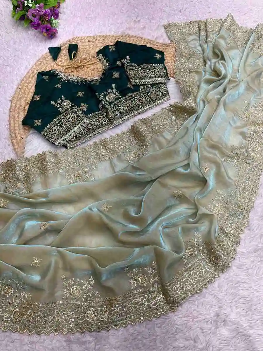 1RICH LOOK FENDY SATIN EMBROIDERY 3 MM SEQUENCE WORK HEAVY BORDER WITH BUTTI WORK SAREE WITH STITCHED BLOUSE WEDDING WEAR WHOLESALE PRICE ETHNIC GARMENT (14).jpg.webp