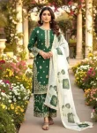 RICH LOOK FENDY SILK EMBROIDERY SEQUENCE WORK WITH RIVET MOTI WORK TOP PALAZZO WITH DUPATTA GREEN