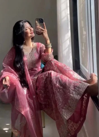 RICH LOOK JIMMY CHOO EMBROIDERY 3MM SEQUENCE & CODING DORI WORK WITH MOTI HAND WORK TOP PALAZZO WITH DUPATTA BABY PINK