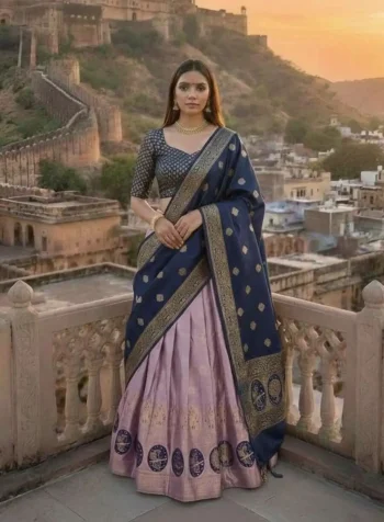 RICH LOOK KANJIVARAM SILK ZARI WEAVING WORK STITCHED LEHENGA UNSTITCHED CHOLI WITH DUPATTA LAVENDER AND BLUE