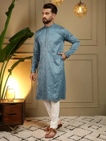 RICH LOOK KHADI COTTON EMBROIDERY MIRROR WORK MEN'S KURTA PAYJAMA SKY