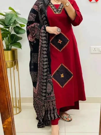 RICH LOOK RAYON APPLIQ WORK TOP BOTTOM WITH DUPATTA MAROON