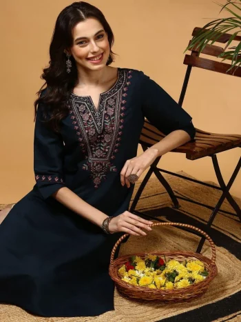 RICH LOOK RAYON EMBROIDERY WORK ONLY KURTI NAVY BLUE