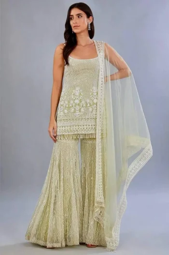 RICH LOOK SOFT NET CHAIN SEQUENCE WORK TOP SHARARA WITH DUPATTA MINT