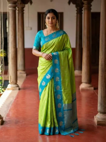 RICH LOOK SOFT SILK ZARI WORK COPPER & SILVER FANCY BUTTI WITH SATIN BORDER WORK SAREE WITH UNSTITCHED BLOUSE PARROT GREEN