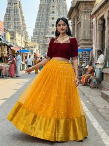 RICH LOOK VELVET AND ORGANZA MAGGAM WORK LEHENGA CHOLI YELLOW
