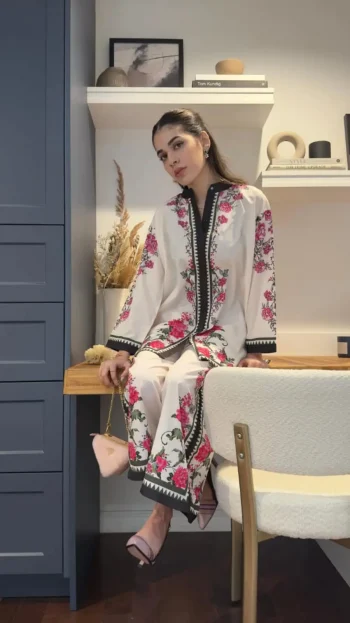 RICH LOOK VISCOSE RAYON DIGITAL PRINT WORK CO-ORD SET WHITE