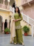 TRENDING JC SILK THREAD & SEQUNCE WITH PEARL WORK TOP PALAZZO WITH DUPATTA GREEN
