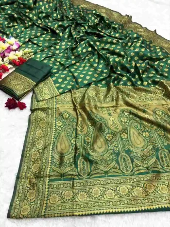 TRENDING LICHI SILK RICH PALLU & JACQUARD WORK SAREE WITH UNSTITCHED BLOUSE GREEN