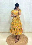 MODERN MUSLIN COTTON PRINT WORK AND STYLISH 3 LAYER PATTERN WORK ONE PIECE DRESS YELLOW