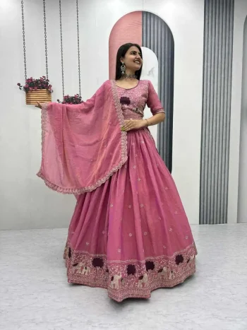DESIGNER MOSS SHIMMER EMBROIDERY THREAD & PIPE VAL WORK LEHENGA CHOLI WITH DUPATTA PINK