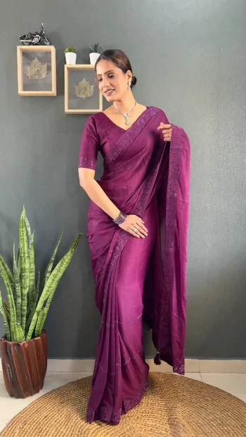 FANCY GEORGETTE SILK TONE 2 TONE SWAROVSKI WORK READY TO WEAR SAREE WITH UNSTITCHED BLOUSE WINE