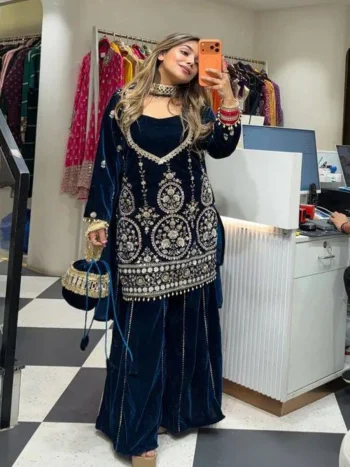 FANCY VELVET SEQUENCE EMBROIDERY WORK TOP PALAZZO WITH DUPATTA BLUE
