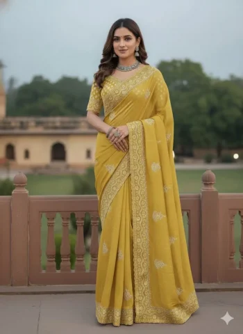 RICH LOOK GOLD CRUSH COTTON THREAD EMBROIDERY WITH SEQUENCE WORK SAREE WITH UNSTITCHED BLOUSE YELLOW