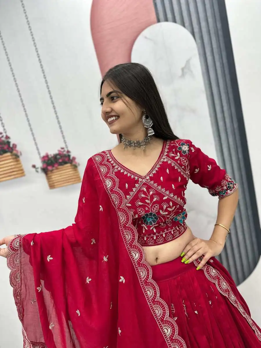 23LATEST VICHITRA SILK EMBROIDERY THREAD & PIPE VAL WORK LEHENGA CHOLI WITH DUPATTA WEDDING WEAR WHOLESALE PRICE ETHNIC GARMENT (18)