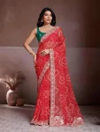 MODERN GEORGETTE BANDHEJ PRINT WITH EMBROIDERY CUTWORK BORDER SAREE WITH UNSTICHED BLOUSE RED