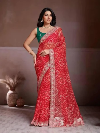 MODERN GEORGETTE BANDHEJ PRINT WITH EMBROIDERY CUTWORK BORDER SAREE WITH UNSTICHED BLOUSE RED