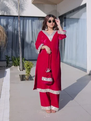 DESIGNER VELVET ZARI EMBROIDERY & REAL MIRROR WORK TOP PALAZZO WITH BATWA RANI