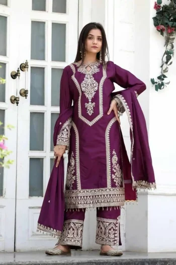 DESIGNER CHINON CHAIN WORK TOP BOTTOM WITH DUPATTA PURPLE