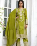 DESIGNER CHINON CHAIN WORK TOP BOTTOM WITH DUPATTA LEMON