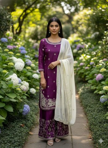 DESIGNER GMY SILK EMBROIDERY SEQUENCE WORK TOP PALAZZO WITH DUPATTA PURPLE