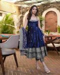LATEST VICHITRA SILK EMBROIDERY ZARI CODING SEQUENCE WORK GOWN BOTTOM WITH DUPATTA BLUE