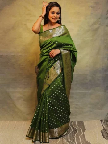 ATTRACTIVE LICHI SILK JACQUARD WORK SAREE WITH UNSTITCHED BLOUSE MEHNDI