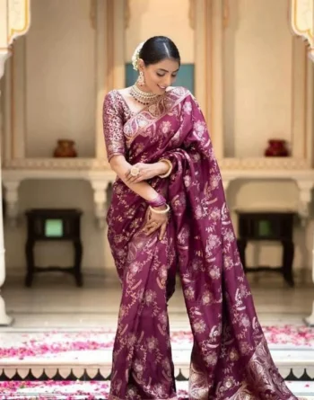 ATTRACTIVE LICHI SILK JACQUARD WORK SAREE WITH UNSTITCHED BLOUSE PURPLE