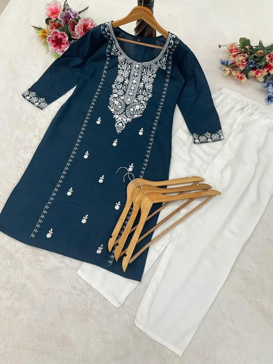 2ATTRACTIVE RAYON EMBROIDERY WORK TOP PENT SET OFFICE WEAR WHOLESALE PRICE ETHNIC GARMENT (6)