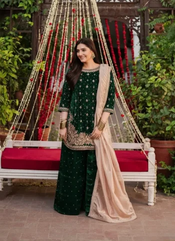 DESIGNER VELVET THREAD & SEQUENCE WORK WITH PEARL WORK TOP PALAZZO WITH DUPATTA GREEN
