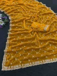 DESIGNER FENDY CHIFFON SILK SEQUENCE EMBROIDERY WORK WITH CUT WORK BORDER WORK SAREE WITH UNSTITCHED BLOUSE YELLOW